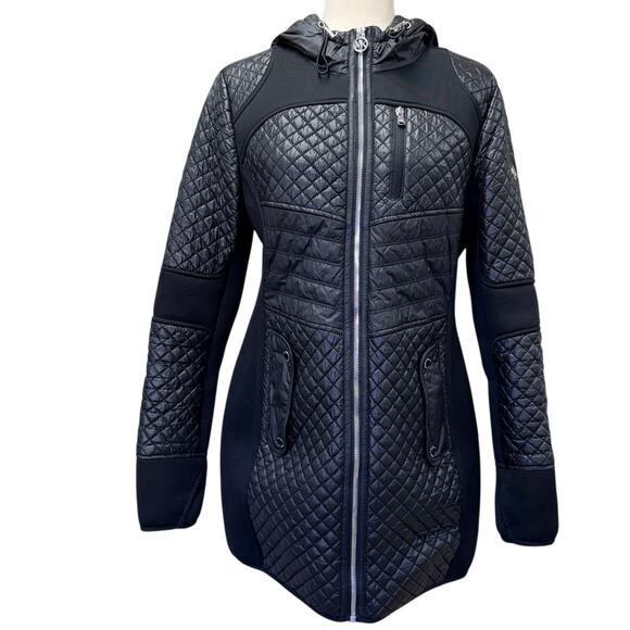 Michael Kors Women's Black moto bubble jacket Quilted Coat M 3/4 length Winter - Picture 1 of 15